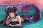  1girl bangs bikini black_bikini black_hair black_headwear breasts brown_eyes collarbone english_commentary genshin_impact highres looking_at_viewer mermaid monster_girl monsterification scales small_breasts solo swimsuit water yun_jin_(genshin_impact) zerorespect_bot 