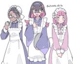  3girls :d alternate_costume amarys_(pokemon) apron black_hair blush_stickers brown_eyes carmine_(pokemon) closed_mouth colored_inner_hair crossed_bangs dark-skinned_female dark_skin dress glasses green_eyes hair_between_eyes hairband highres holding holding_tray japanese_clothes kimono lacey_(pokemon) maid maid_apron maid_headdress mole mole_under_eye multicolored_hair multiple_girls open_mouth own_hands_together pink_dress pink_hair pokemon pokemon_sv purple_dress purple_hairband purple_kimono red_hair remoooon smile tray twitter_username two-tone_hair white_background yellow_eyes 