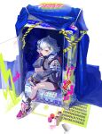  1girl absurdres can closed_mouth headphones headphones_around_neck highres holding holding_can jacket long_sleeves looking_at_viewer open_clothes open_jacket original pink_eyes shoes short_hair shorts sitting socks solo spray_can vexxxxa white_background white_hair 