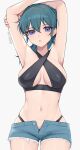  1girl armpits arms_up bangs banned_artist bare_arms bikini black_bikini blue_eyes blue_hair blue_shorts breasts byleth_(fire_emblem) byleth_(fire_emblem)_(female) commentary_request cowboy_shot criss-cross_halter cutoffs fire_emblem fire_emblem:_three_houses grey_background hair_between_eyes halterneck highres large_breasts long_hair looking_at_viewer navel open_fly parted_lips shimizu_akina short_shorts shorts simple_background solo standing stomach swimsuit 