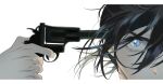  1boy absurdres ajiro_shinpei black_hair blue_eyes close-up commentary finger_on_trigger floating_hair gun gun_to_head handgun highres holding holding_gun holding_weapon hui_shihou_su male_focus short_hair simple_background solo suicide summertime_render weapon white_background 