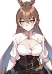  1girl bangs belt blurry blush breasts brown_corset brown_eyes brown_hair cleavage cleavage_cutout closed_mouth clothing_cutout corset dagger depth_of_field eyelashes feather_hair_ornament feathers gloves hair_between_eyes hair_ornament hairclip holocouncil hololive hololive_english knife large_breasts long_hair looking_at_viewer mawaridi multicolored_hair nanashi_mumei ponytail pouch red_skirt runes sheath sheathed shiny shiny_hair shiny_skin shirt short_sleeves sidelocks simple_background skirt solo streaked_hair upper_body very_long_hair virtual_youtuber weapon white_background white_shirt 