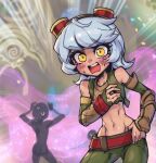  1girl alternate_form bangs bare_shoulders blush detached_sleeves goggles goggles_on_head green_pants grey_hair groin hand_up holding_pants league_of_legends magic medium_hair navel pants phantom_ix_row short_hair solo stomach sweatdrop tristana yellow_eyes 