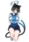  1girl absurdres animal_ears arms_behind_back bdsm black_eyes black_hair black_ribbon blue_archive blue_halo blue_neckerchief blue_sailor_collar blue_skirt bondage bound breasts cat_ears cat_girl cat_tail commentary gompang_11 halo head_tilt highres kikyou_(blue_archive) large_breasts looking_at_viewer midriff_peek multiple_tails navel neck_ribbon neckerchief on_one_knee ribbon sailor_collar sandals shirt short_hair simple_background skirt socks solo tail thighs two_tails white_background white_shirt white_socks 