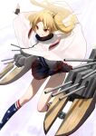  1girl absurdres american_flag_legwear azur_lane bangs black_gloves blonde_hair blue_skirt cannon capelet cleveland_(azur_lane) commentary dynamic_pose fingerless_gloves gloves grin hidulume highres legs medium_hair one_side_up panties parted_bangs pleated_skirt red_eyes rigging side-tie_panties skirt smile thighs underwear white_capelet 