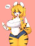  ahegao anthro areola big_breasts black_clothing black_panties black_underwear blonde_hair blue_eyes blush bottomwear breasts clothed clothing dessert felid female fingers food fur hair hi_res hotpants ice_cream inner_ear_fluff jupiter_europe looking_pleasured mammal markings melting_ice_cream multicolored_body orange_body orange_fur orange_hair pantherine panties shirt short_hair shorts simple_background solo solo_focus speech_bubble standing striped_body striped_markings striped_tail stripes tail_markings tank_top tiger tongue tongue_out topwear tuft two_tone_body underwear 