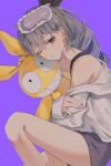  1girl bare_shoulders bra_strap commentary grey_eyes grey_hair highres holding holding_stuffed_toy honkai:_star_rail honkai_(series) iim_qum jacket long_hair long_sleeves looking_at_viewer off_shoulder one_eye_closed purple_background silver_wolf_(honkai:_star_rail) simple_background sitting sleep_mask solo stuffed_toy thighs white_jacket 