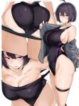  1girl absurdres ass bare_shoulders black_hair breasts cleavage collarbone highleg highleg_swimsuit highres jacket large_breasts leaning_forward looking_at_viewer maruyaa_(malya1006) multiple_views off_shoulder one-piece_swimsuit open_mouth original purple_eyes short_hair swimsuit thighs 