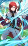  1boy blue_eyes fighting_stance gloves high_collar highres holding holding_sword holding_weapon long_sleeves looking_at_viewer magic male_focus official_art outdoors pants re:zero_kara_hajimeru_isekai_seikatsu re:zero_kara_hajimeru_isekai_seikatsu:_lost_in_memories red_hair reinhard_van_astrea short_hair smile standing standing_on_one_leg sword uniform weapon white_gloves white_pants 