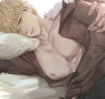  1boy absurdres animal bangs bara bare_pectorals bed blonde_hair brown_eyes highres large_pectorals looking_at_viewer lying male_focus muscular muscular_male nipples nu_carnival on_bed on_side open_clothes open_shirt pectorals pillow quincy_(nu_carnival) short_hair topper_(nu_carnival) twitter_username xia_qing 