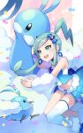  1girl :d altaria arm_warmers blush boots buttons commentary_request earrings evolutionary_line eyelashes green_eyes green_hair happy highres jewelry lisia_(pokemon) open_mouth overskirt pokemon pokemon_(creature) pokemon_oras shorts sidelocks single_thighhigh smile swablu teeth thighhighs upper_teeth_only vest zeroki_(izuno) 