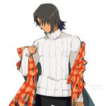  1boy alternate_costume black_hair black_pants blue_eyes facial_hair goya_(xalbino) hair_over_one_eye long_hair looking_at_viewer male_focus pants plaid plaid_scarf scarf schwann_oltorain stubble tales_of_(series) tales_of_vesperia tan turtleneck white_background 