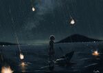  1girl absurdres dress hanm_rabi highres lake mountain night night_sky original outdoors scenery short_hair sky soaking_feet solo star_(sky) starry_sky umbrella 