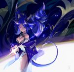  1girl absurdres bare_shoulders blue_hair breasts breasts_apart closed_mouth cowboy_shot detached_sleeves glowing hair_on_horn highres horns looking_at_viewer medium_breasts original purple_eyes smile solo tail vexxxxa 