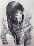  1girl bangs china_dress chinese_clothes choujikuu_yousai_macross dress drill_hair fingerless_gloves gloves greyscale hair_behind_ear highres long_hair looking_at_viewer lynn_minmay macross monochrome open_hand shibamoto_thores solo traditional_media twitter_username watermark 