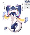  1girl :3 :d absurdres blue_hair breasts company_logo creature_and_personification cross-shaped_pupils flying hair_between_eyes highres looking_at_viewer mesugaki multicolored_hair nijisanji personification pointy_ears rainbow_hair simple_background small_breasts smile symbol-shaped_pupils tail twintails virtual_youtuber wada_(zes16) white_background yugamin_(nijisanji) 