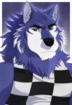  aluminemsiren animal_crossing anthro black_eyes canid canine canis clothed clothing fur hi_res lobo_(animal_crossing) male mammal nintendo portrait purple_body purple_fur shirt simple_background tank_top togepi1125 topwear white_body white_fur wolf 