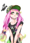  1girl baseball_cap black_shirt breasts clownfish collarbone colored_eyelashes drooling fish gradient_hair green_eyes green_hair green_skirt harmony&#039;s_clownfish_(splatoon) harmony_(splatoon) hat highres humanization koharu2.5 long_hair miniskirt multicolored_hair parted_lips pink_hair pink_lips pleated_skirt shirt short_bangs short_sleeves simple_background skirt small_breasts solo splatoon_(series) striped_clothes striped_headwear t-shirt two-tone_hair v_arms very_long_hair white_background 