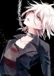  1boy artist_name bangs black_background black_jacket chain collar collarbone danganronpa_(series) danganronpa_another_episode:_ultra_despair_girls green_shirt grey_eyes grey_hair hair_between_eyes jacket komaeda_nagito looking_up male_focus messy_hair metal_collar open_clothes open_jacket red_shirt sakuyu servant_(danganronpa) shirt striped striped_shirt upper_body watermark 