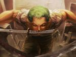  1boy ceasar_ian_muyuela commentary english_commentary green_hair highres holding holding_sword holding_weapon katana male_focus mouth_hold one_piece realistic roronoa_zoro scar scar_across_eye scar_on_face shirt short_hair short_sleeves signature solo sword weapon white_shirt 