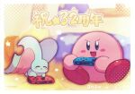  2boys bed bedroom blue_eyes blush_stickers chiimako colored_skin elfilin happy indoors kirby kirby_(series) multiple_boys nintendo_switch no_humans open_mouth pink_skin sitting smile star_(symbol) translation_request 