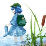  1girl backpack bag bangs blue_eyes blue_hair boots closed_mouth flat_cap green_bag green_headwear hair_bobbles hair_ornament hat herb kaigen_1025 kawashiro_nitori long_sleeves looking_at_viewer looking_back outdoors partially_submerged reeds rubber_boots short_hair simple_background solo touhou two_side_up white_background 