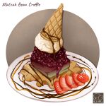  artist_logo beans chocolate_syrup food food_focus food_name fruit highres ice_cream ice_cream_cone no_humans original plate strawberry syrup yuki00yo 