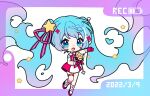  1girl absurdly_long_hair aqua_eyes aqua_hair battery_indicator chibi commentary dated dress floating_hair framed_image full_body future_eve_(vocaloid) gloves gradient_hair hair_ornament hair_ribbon hatsune_miku holding holding_wand long_hair looking_at_viewer magical_mirai_(vocaloid) magimirai_miku magimirai_miku_(2022) microphone_wand multicolored_hair nishina_hima open_mouth outstretched_arm pink_dress pink_gloves pink_ribbon purple_hair recording ribbon sleeveless sleeveless_dress smile solo star_(symbol) star_hair_ornament striped striped_ribbon thigh_strap very_long_hair vocaloid wand white_background 