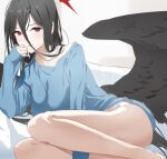  1girl ass barefoot black_hair black_wings blue_archive blue_shirt blush feathered_wings halo hasumi_(blue_archive) kuu_(user_gngs5284) long_hair long_sleeves looking_at_viewer mole mole_under_eye open_mouth panties red_eyes red_halo shirt solo underwear very_long_hair white_panties wings 