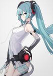  1girl absurdres aqua_eyes aqua_hair aqua_nails arm_tattoo bare_shoulders black_bridal_gauntlets black_thighhighs bridal_gauntlets commentary cowboy_shot from_side grey_background hair_ornament hand_on_hip hand_on_own_thigh hatsune_miku hatsune_miku_(append) highres hip_gear long_hair looking_at_viewer looking_to_the_side nail_polish shiratakiseaice shirt sleeveless sleeveless_shirt solo tattoo thighhighs twintails very_long_hair vocaloid vocaloid_append white_shirt 