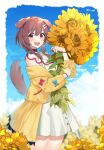 14_(vision5032) 1girl absurdres animal_ears bangs bone_hair_ornament braid brown_eyes brown_hair day dog_ears dog_girl dog_tail dress fangs flower hair_ornament highres holding holding_flower hololive inugami_korone jacket leaf looking_at_viewer off_shoulder open_mouth sky solo standing sunflower tail white_dress yellow_jacket 