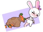  2018 accessory alpha_channel anthro blush bodily_fluids carrot carrots_(starbirbz) clenched_teeth dragging female flower flower_in_hair food fur hair hair_accessory lagomorph leporid mammal plant purple_background rabbit sack simple_background solo starbirbz sweat sweatdrop teeth transparent_background vegetable white_body white_fur 