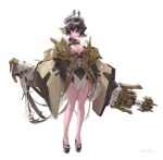  1girl absurdres breasts brown_hair cleavage closed_mouth dress full_body highres horns huge_weapon looking_at_viewer medium_breasts original short_hair simple_background solo standing toeless_footwear vexxxxa weapon white_background yellow_eyes 