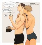  2boys adam_parrish black_hair black_male_underwear blonde_hair blue_eyes blue_male_underwear body_freckles buzz_cut catbishonen closed_eyes coffee coffee_pot couple cowboy_shot cup english_text freckles from_side grey_background highres holding holding_cup male_focus male_underwear multiple_boys nipples ronan_lynch short_hair simple_background sleepy smile speech_bubble steam the_raven_cycle toned toned_male topless_male underwear underwear_only very_short_hair yaoi 