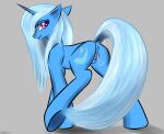  anus blue_body blue_hair blue_tail bodily_fluids butt cutie_mark equid equine female feral friendship_is_magic genital_fluids grey_background hair hasbro hi_res horn looking_back mammal my_little_pony pussy_juice raised_tail renarde-louvre simple_background solo trixie_(mlp) unicorn 