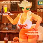  absurd_res alcohol anthro applejack_(mlp) bar bedroom_eyes beer beverage big_breasts bottomwear breasts burger cleavage clothed clothing female food freckled_breasts freckles friendship_is_magic green_eyes hasbro hi_res hooters muscular muscular_female my_little_pony narrowed_eyes navel seductive serving_tray shirt shorts smile smiling_at_viewer solo tank_top text thick_thighs topwear trailssfm waiter waitress_uniform 