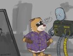 2024 anthro belly brown_body clothing duo fritap4p4 grey_body hi_res machine male mammal procyonid raccoon rascal_(robot_dreams) red_nose robot robot_(robot_dreams) robot_dreams shirt slightly_chubby topwear