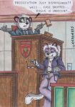  anthro business_attire cerberus_(artist) comic courtroom dialogue domestic_cat english_text eyewear felid feline felis female gavel_(object) glasses humor judge lawyer male mammal not_big_and_not_clever procyonid raccoon snow_(character) text traditional_media_(artwork) 
