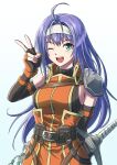  1girl ;d ahoge arm_behind_back armor dress elbow_gloves fingerless_gloves fire_emblem fire_emblem:_path_of_radiance funami_dingo gloves green_eyes hairband highres long_hair looking_at_viewer mia_(fire_emblem) one_eye_closed orange_dress pauldrons purple_hair sheath sheathed shoulder_armor single_bare_shoulder single_pauldron smile solo sword teeth upper_body upper_teeth_only v weapon 