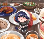  +_+ 1girl black_capelet black_hair blush cake capelet chibi commentary_request cookie cup doremy_sweet drinking_glass food full_body highres ice_cream ise_corridor looking_at_viewer open_mouth pocky pom_pom_(clothes) rice salad short_hair solo sweatdrop tail tapir_tail touhou white_footwear 