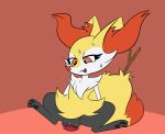 2017 anthro biped black_body black_pawpads black_skin bodily_fluids braixen cheek_tuft chest_tuft clitoris dildo dildo_insertion dildo_sitting facial_tuft female fur genitals humanoid_genitalia humanoid_pussy inner_ear_fluff looking_down looking_pleasured nintendo not_a_furfag open_mouth pawpads penetration pink_background pink_eyes pok&eacute;mon pok&eacute;mon_(species) pussy red_body red_fur red_nose red_tail sex_toy sex_toy_insertion simple_background sitting solo stick sweat tuft vaginal vaginal_penetration video_games white_body white_fur yellow_body yellow_fur yellow_tail 