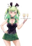  1girl alternate_costume animal_ears black_shirt blush bow bowtie breasts bunny_garden buttons ceres_fauna champagne_flute cleavage closed_mouth contrapposto cowboy_shot cup detached_collar drinking_glass earrings english_commentary fake_animal_ears green_bow green_bowtie green_hair green_skirt hand_on_own_hip holding holding_tray hololive hololive_english horns jewelry large_breasts long_hair looking_at_viewer mole mole_under_eye playboy_bunny pyrokuro shirt simple_background skirt sleeveless sleeveless_shirt smile solo tray two_side_up virtual_youtuber white_background wrist_cuffs yellow_eyes 