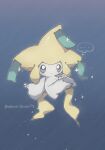  blue_background blue_eyes closed_mouth colored_skin commentary_request full_body jirachi looking_down nako_(nekono_shippo75) outstretched_arm pokemon sparkle thought_bubble twitter_username watermark white_skin 