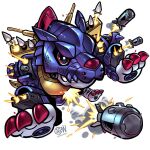  armor artist_logo blue_armor chibi cwdw cyborg digimon digimon_(creature) english_commentary firing full_body highres mechanical_parts mechanical_wings metalgarurumon missile missile_pod red_eyes rocket_launcher simple_background solo weapon white_background wings wolf 