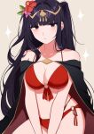  1girl bikini black_cape black_eyes black_hair blunt_bangs blush breasts cape circlet cleavage collarbone fire_emblem fire_emblem_awakening fire_emblem_heroes flower gmais2514 gold_trim grey_background hair_flower hair_ornament highres large_breasts long_hair looking_at_viewer official_alternate_costume pink_flower red_bikini red_cape red_flower simple_background solo swimsuit tharja_(fire_emblem) tharja_(summer)_(fire_emblem) two-tone_cape two_side_up 
