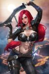  1girl artist_name ayya_sap breasts cleavage gloves green_eyes holding holding_sword holding_weapon katarina_(league_of_legends) knife large_breasts league_of_legends long_hair looking_at_viewer medium_breasts midriff navel pinup_(style) red_hair scar scar_across_eye scar_on_face smile solo sword weapon 
