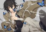  1boy brown_hair bug bungou_stray_dogs butterfly dazai_osamu_(bungou_stray_dogs) grey_eyes happy_birthday kiragera long_sleeves looking_to_the_side male_focus pants short_hair smile 