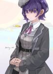  1girl alternate_costume asahina_mafuyu bangs belt beret closed_mouth collar dress hat long_coat looking_at_object nwds3248 official_alternate_hairstyle project_sekai purple_eyes purple_hair red_ribbon ribbon simple_background standing 