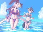  2girls bald_eagle_(kemono_friends) bare_shoulders bikini bird_girl bird_tail bird_wings blowhole breasts cetacean_tail cleavage collarbone common_dolphin_(kemono_friends) dolphin_girl dorsal_fin fins floral_print frilled_bikini frills front-tie_top gm_(ggommu) grey_hair groin head_wings highleg highres holding_hands kemono_friends kemono_friends_3 large_breasts midriff multicolored_hair multiple_girls navel ocean print_bikini side-tie_bikini skindentation solo standing stomach streaked_hair swimsuit tail tail_fin two-tone_hair wading wings 