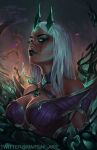  1girl armor artist_name aura black_lips breasts chest_armor cleavage collar crown dark-skinned_female dark_skin fog gem glowing glowing_eyes green_eyes highres karma_(league_of_legends) league_of_legends long_hair looking_to_the_side martini ruined_karma signature solo tears twitter_username white_hair 